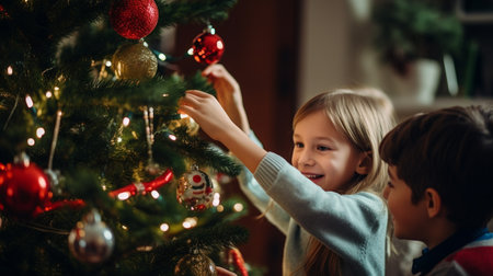 happy little kids decorating christmas tree at home during winter holidaysの素材