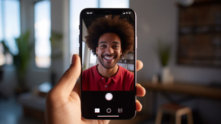happy african american man taking selfie with smartphone at home officeの素材