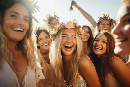 Group of friends having fun on the beach. Women in a wreath of flowers on their heads.の素材