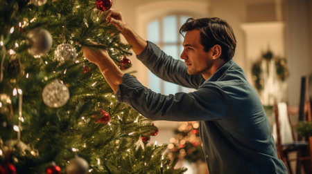 Man decorating christmas tree at home in the living room.の素材