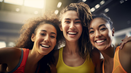 fitness, sport, training, gym and lifestyle concept - group of smiling women in gymの素材
