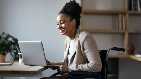 Smiling african american woman in wheelchair working on laptop at home officeの素材