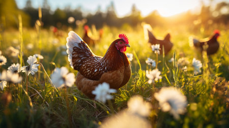 chicken on a green meadow in the rays of the setting sunの素材