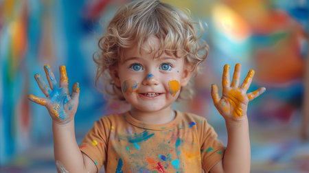 Portrait of cute little boy with hands painted in bright colors.の素材