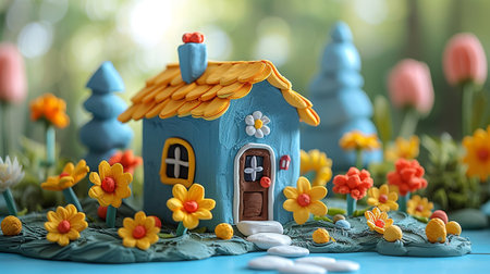 Gingerbread house with flowers on blue wooden table, closeupの素材