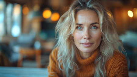 Portrait of a beautiful blonde woman in a cafe. Soft focus.の素材