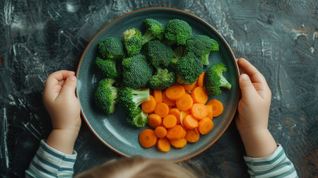 top view of child holding plate with fresh broccoli and carrots on gray tableの素材