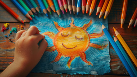 Child draws a sun with colored pencils on a sheet of paper.の素材