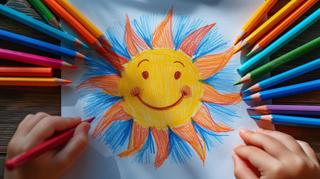 Child drawing a sun with colored pencils on paper, closeupの素材