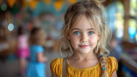 Portrait of a beautiful little girl with blond hair and blue eyesの素材