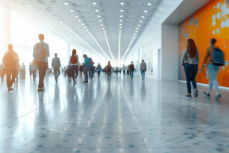 Blurred image of people walking in the corridor of the modern business center.の素材