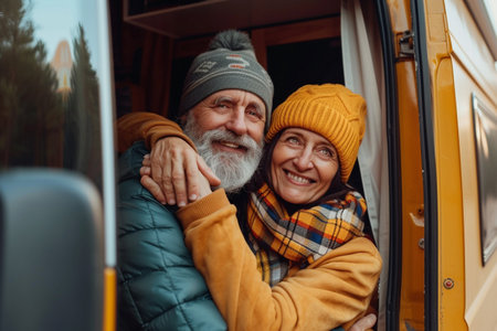 happy senior couple hugging and looking at camera while standing in camper vanの素材