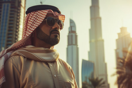 Arabic man with beard wearing sunglasses in Dubai, United Arab Emiratesの素材