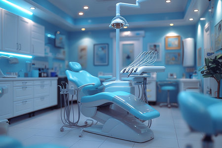 Dental clinic interior with blue chair and dental equipment. 3d renderingの素材
