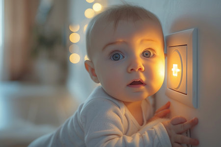 Cute baby boy playing with light switch at home. Child looking at the cameraの素材