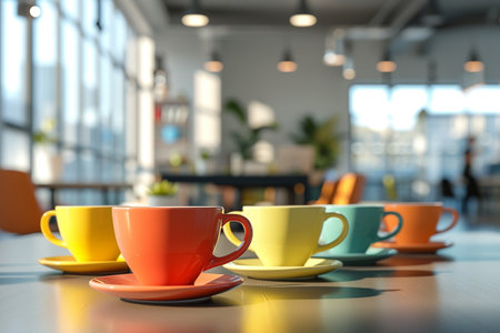 Colorful cups on table in coffee shop, closeup. Space for textの素材