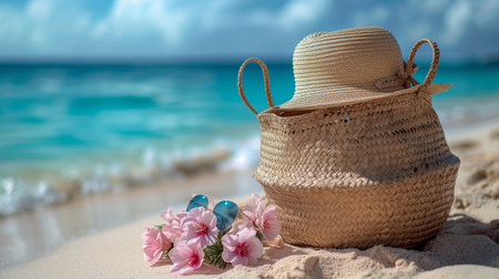 Straw bag with hat and flowers on tropical beach. Summer vacation conceptの素材