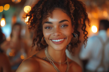 Portrait of beautiful african american woman with curly hair in restaurantの素材