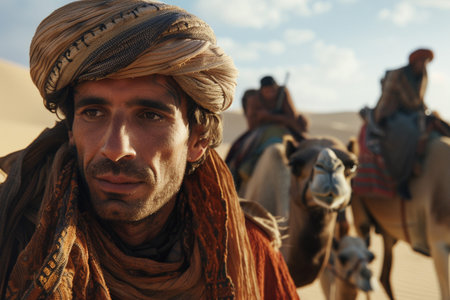 Portrait of a young man riding a camel in the desert.の素材