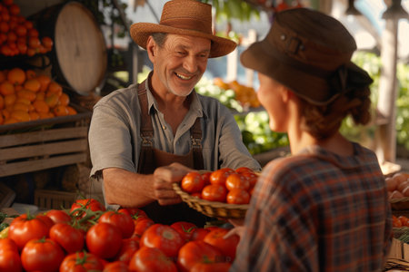 Senior man selling fresh tomatoes at farmers market, focus on mature manの素材