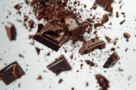 Pieces of chocolate falling on white background. Shallow depth of fieldの素材