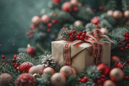 Christmas background with gift box and fir tree branches on dark background.の素材