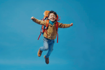 Happy little boy jumping in the air on a blue background. Studio shot.の素材