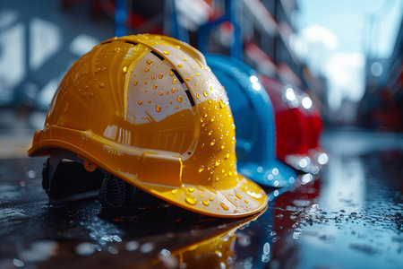 Close up of yellow safety helmet on construction site. Industrial background.の素材