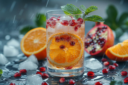 Glass of cocktail with ice, pomegranate and orange on dark backgroundの素材