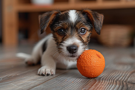 Jack Russell Terrier puppy with an orange ball on a wooden floorの素材