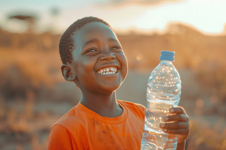 African boy drinking water from a plastic bottle in the sunset light.の素材