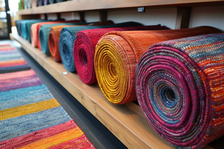 Colorful carpets on the shelf in the shop, stock photoの素材