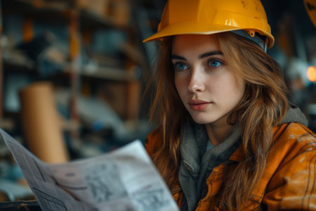 Close-up portrait of a young female engineer in a yellow helmet.の素材