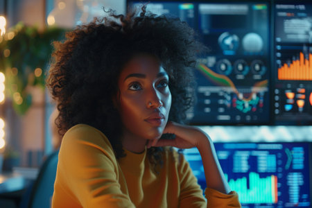 Portrait of african american businesswoman with afro hairstyle in officeの素材