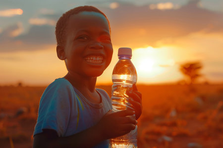 African little boy drinking water from a bottle in the sunset light.の素材