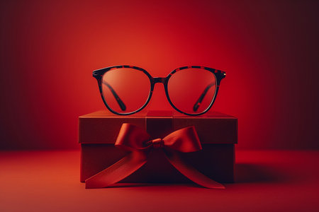 Glasses and gift box on red background. 3D rendering.の素材