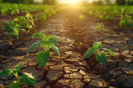 Peanut seedlings growing in the field at sunset, agriculture conceptの素材