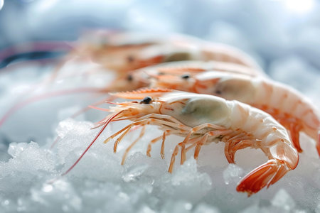 Fresh prawns on ice. Shrimps on ice.の素材