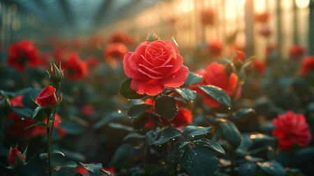 Beautiful red roses growing in a greenhouse. Selective focus.の素材