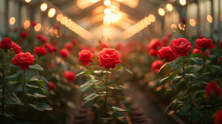 Roses growing in a greenhouse. Rows of red roses in a greenhouse.の素材