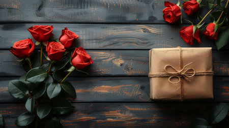 Beautiful red roses and gift box on wooden background, flat layの素材