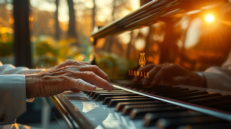 Hands of a man playing the piano in the park at sunset.の素材