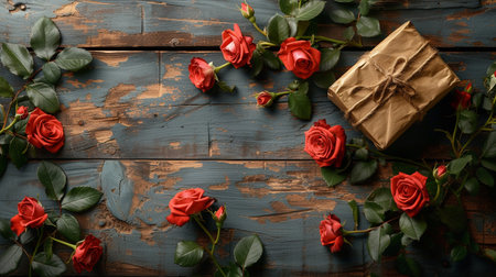 Red roses and gift box on rustic wooden background with copy spaceの素材