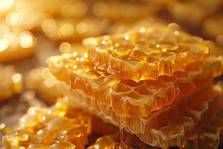 Honeycombs with sweet honey on light background, closeupの素材