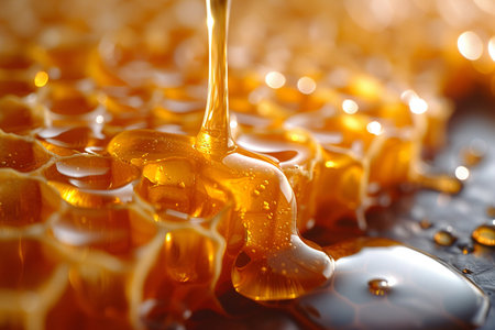 Honey dripping from hexagonal honeycombs on black background, closeupの素材