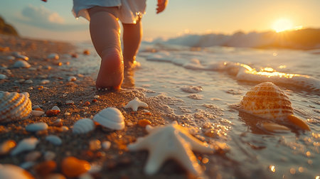 Little girl walking on the beach with seashells at sunset.の素材