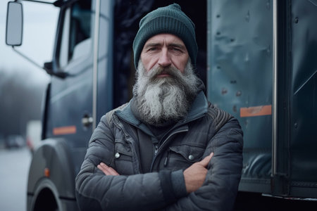 Portrait of a bearded man with a long gray beard on the background of a truckの素材