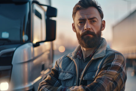 portrait of handsome bearded man in checkered shirt standing near truckの素材