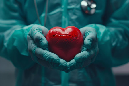 Doctor holding a red heart in his hands, close-up.の素材