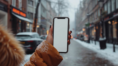 Woman holding a smartphone with a blank screen on the background of a winter streetの素材